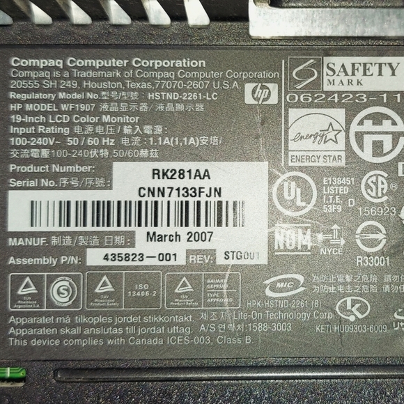 COMPAQ 19" LCD COLOR COMPUTER MONITOR MODEL WF-1907 W/ POWER CORD MONITOR CABLE - Picture 10 of 12